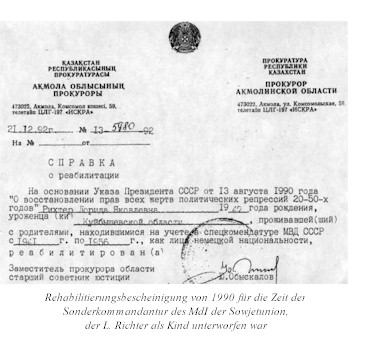 Rehabilitierungsbescheinigung von 1990 für die Zeit der Sonderkommandantur des MDI der Sowjetunion, der L. Richter als Kind unterworfen war
